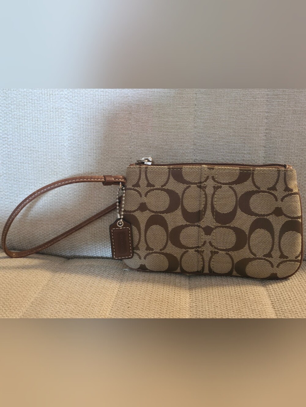 Coach Wristlet Jacquard Signature C Brown Clutch Pouch All Over Print Leather
